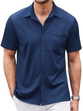 Linea Uomo ~Men's Size XL~ Navy Blue Linen Blend Short Sleeve Shirt Button-Up.